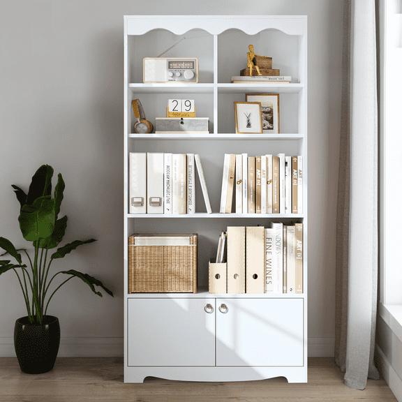Towallmark 5-Tier Bookcase with Doors, White Storage Cabinet with Open Shelving, Display Bookshelf for Living Room, Office, Bedroom Organization