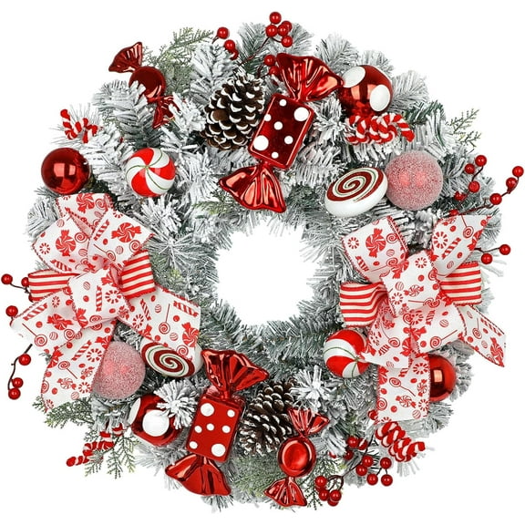 17" Artificial Christmas Wreath with Red Candy Accents, Double Ribbon Bows, Pine Cones & Ornaments, White Cedar Base for Christmas Thanksgiving Winter Holiday Front Door and Wall Decoration