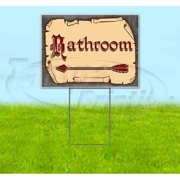 Medieval Fair Bathroom Left Arrow Red Scroll (18" x 24") Yard Sign, Includes Metal Step Stake
