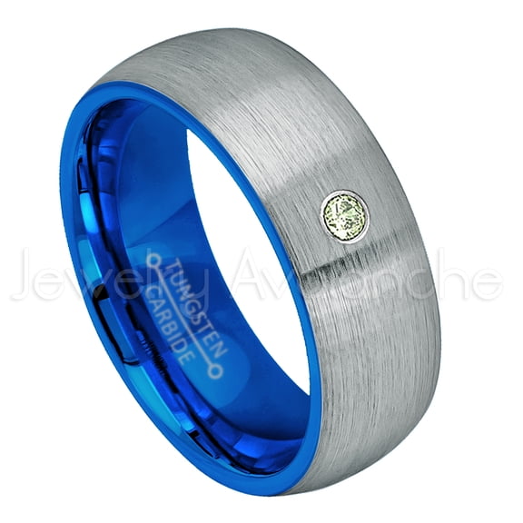 2-Tone Dome Blue IP Inner Tungsten Ring - 0.07ct Solitaire Peridot Ring - Personalized Tungsten Wedding Ring - Custom Made August Birthstone Ring TN736BS