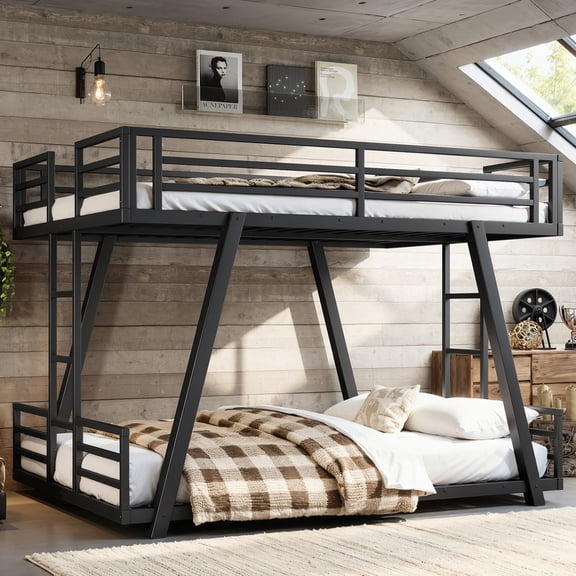 Bellemave Full Over Full Bunk Bed, Metal Bunk Beds Frame with 2 Side Ladders and Safety Guardrails, Floor Bunk Bed Full Size with Support Leg and Slats, No Box Spring Required (Black)