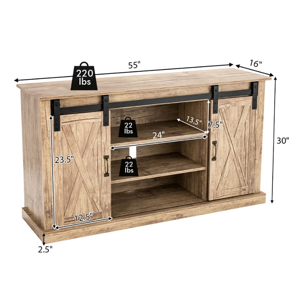 Finihen TV Stand, TV Cabinet, 55 Inch Sliding Barn Door TV Stand with Adjustable Shelves for TVs up to 65 Inch, for Living Room, Bedroom, Natural