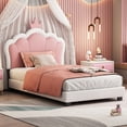 thumbnail image 2 of Twin Upholstered Princess Platform Bed Cream Pink Crown Headboard Footboard Storage, 2 of 9