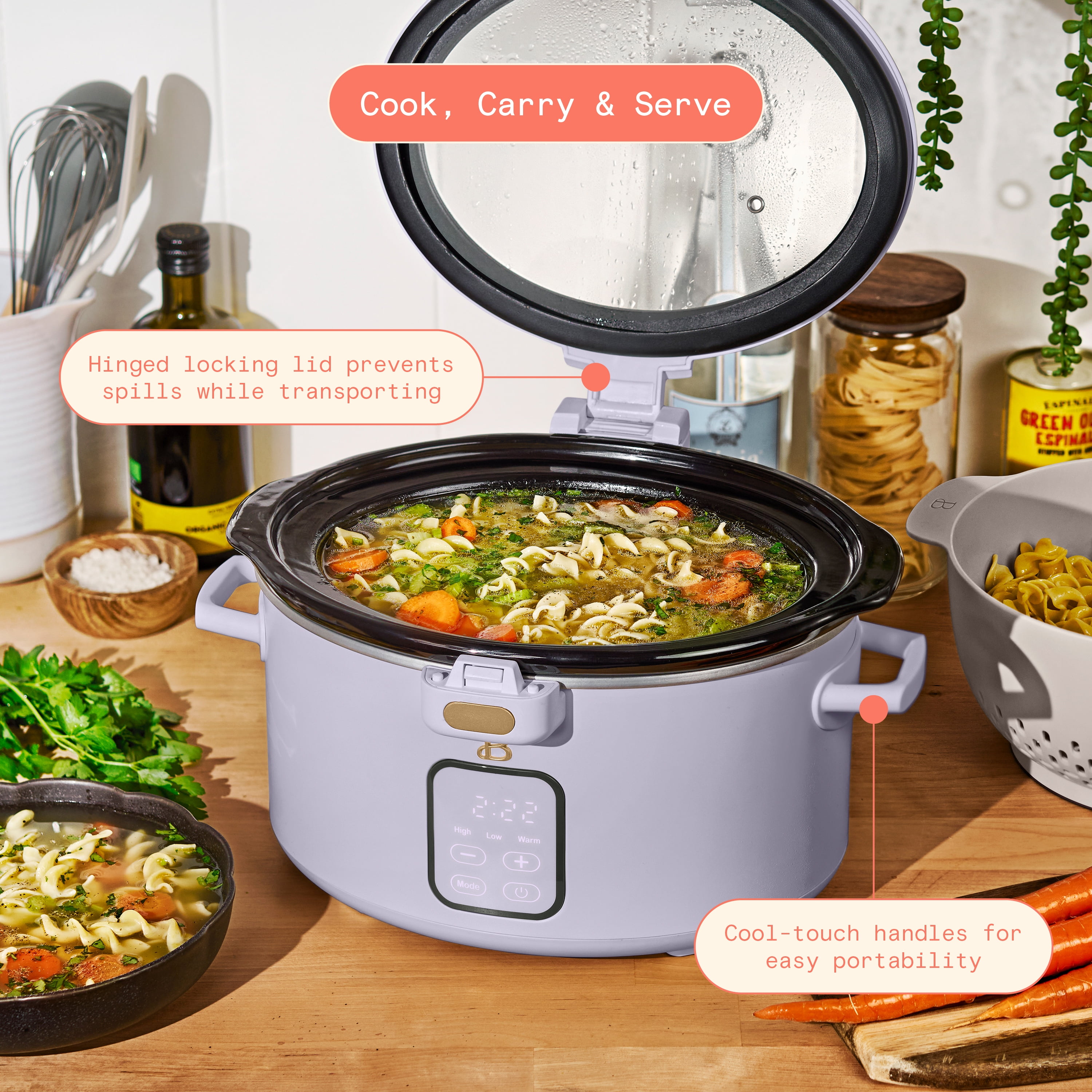 Beautiful 4 Qt Digital Slow Cooker with Hinged Locking Lid, Lavender by Drew Barrymore