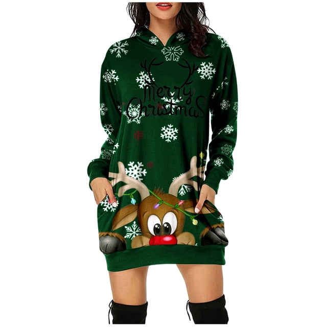 Robe Maxi à Manches Longues Imprimée de Noël pour Femmes avec Col en V, Chandail à Capuche avec Poches, Robe d'Été