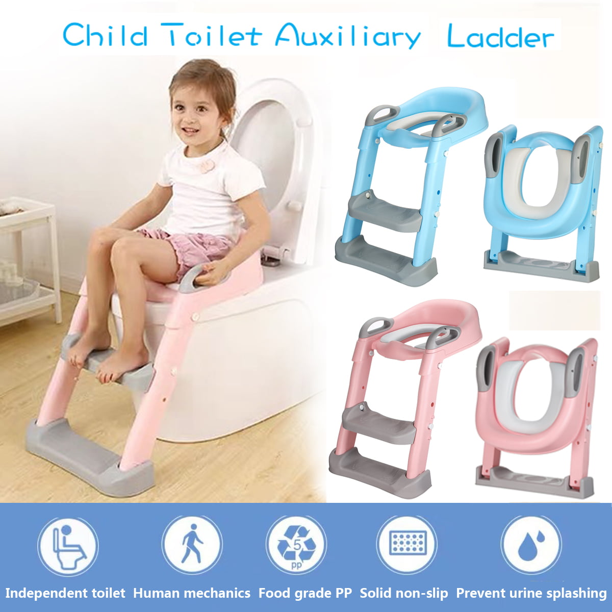 Toddlers Comfortable Toilet Chair with Anti-Slip Pads and Safe Handle Blue Soft Cushion Toilet Training Seat for Boys Girls Potty Training Toilet Seat for Kids with Step Stool Ladder 