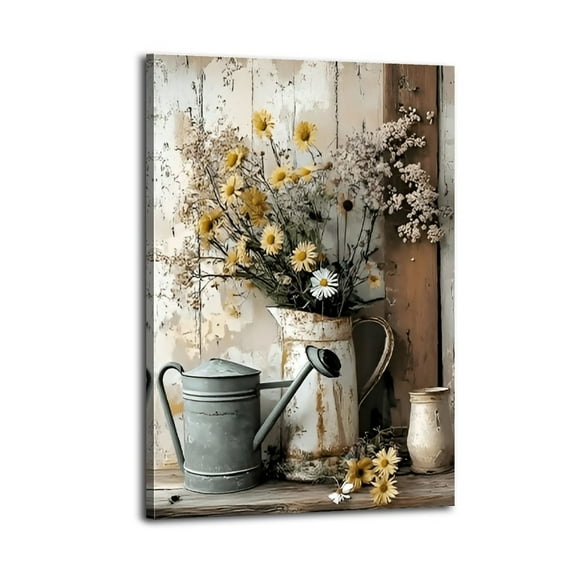 Vintage Floral& Watering Can Mural Poster Wrapped Wooden Frame Wall Decor,,Canvas Wall Art for Living Room,Bedroom,Office,Ready to Hang
