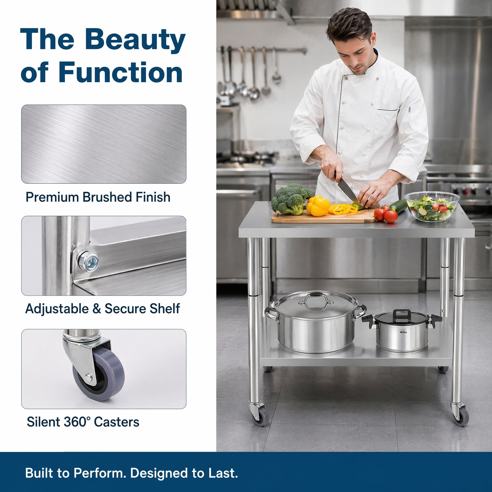 GARITIN 36 x 24 Inch Commercial Work Table with Wheels, Stainless Steel Kitchen Prep Table with Under Shelf for Restaurant & Home, Silver