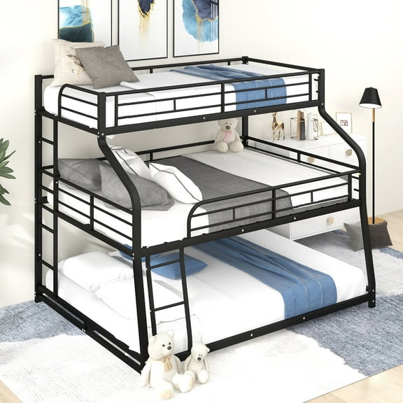Twin XL/Full XL/Queen Size Triple Bunk Bed, 3 Bunk Beds/Metal triple Bunk Bed with Long, Short Ladder and Full-Length Guardrails, Triple Bunk Bed for Teens, Adults(Black)