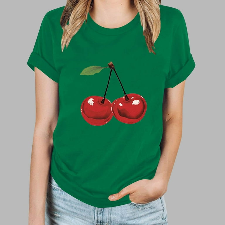 Women's Cherry Print T-Shirt Short Sleeve Crew Neck Tees Loose Fit