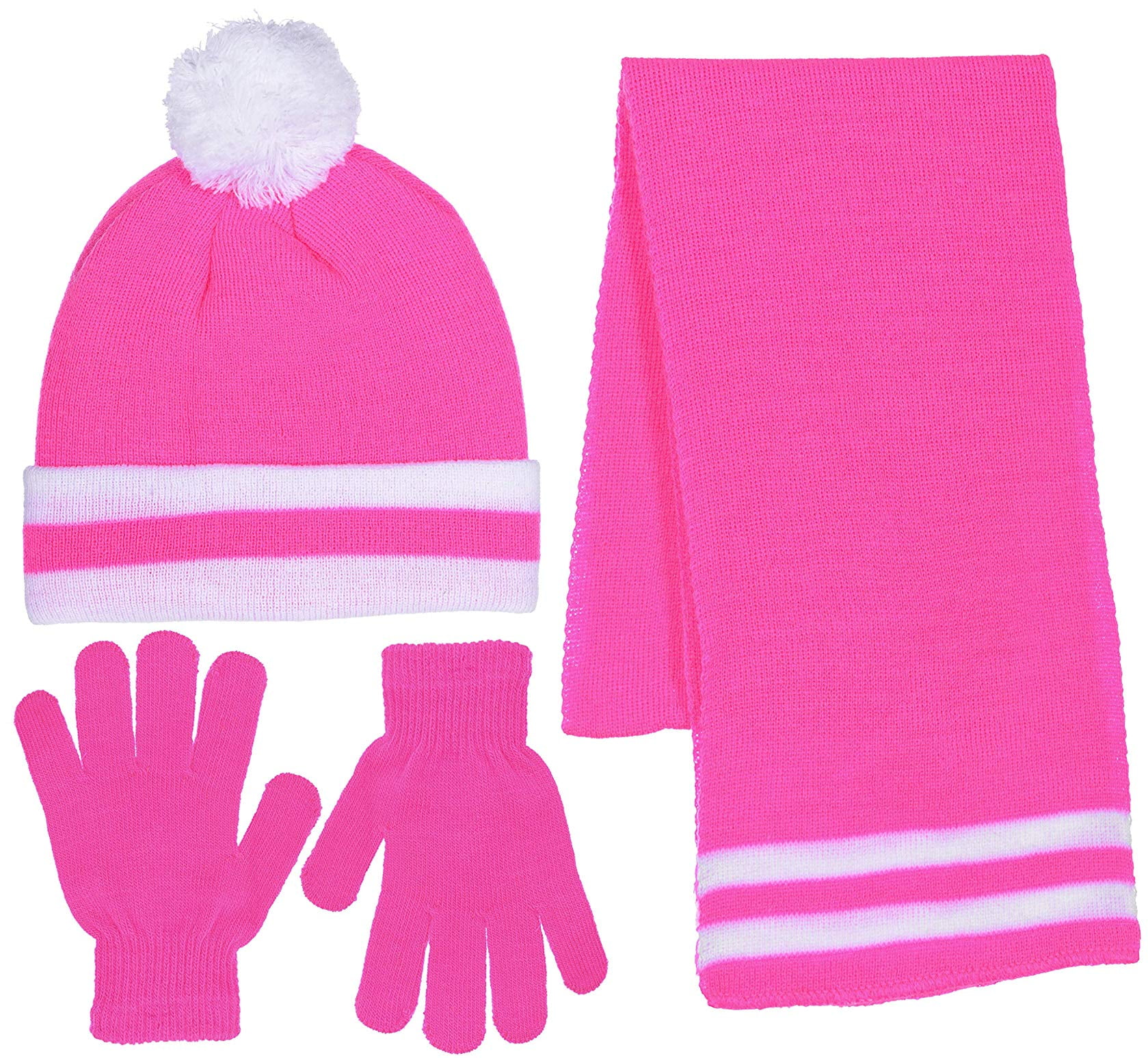 S.W.A.K Kids Girls Knit Pompom Beanie Hat Scarf and Gloves Set One Size Fits Most See More Colors 