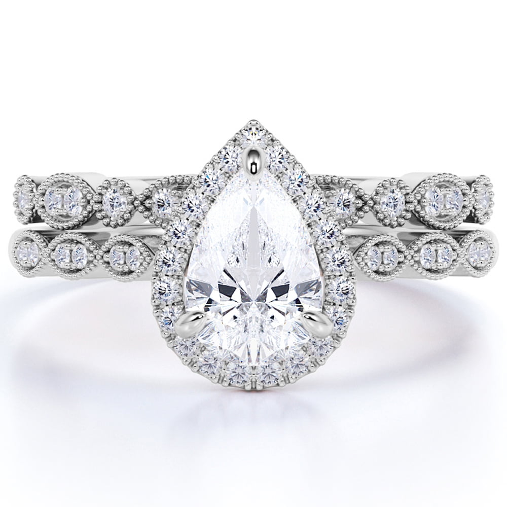 JeenMata 1.5 Carat Pear Cut Moissanite Bridal Ring Set in 18k White Gold Over Silver Classic Ring