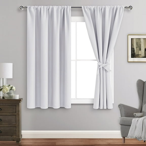 JIUZHEN Blackout Curtains for Bedroom - Thermal Insulated Room Darkening Rod Pocket Curtains for Living Room, Set of 2 Panels with Tiebacks, 42 x 45 Inch Length,Greyish White
