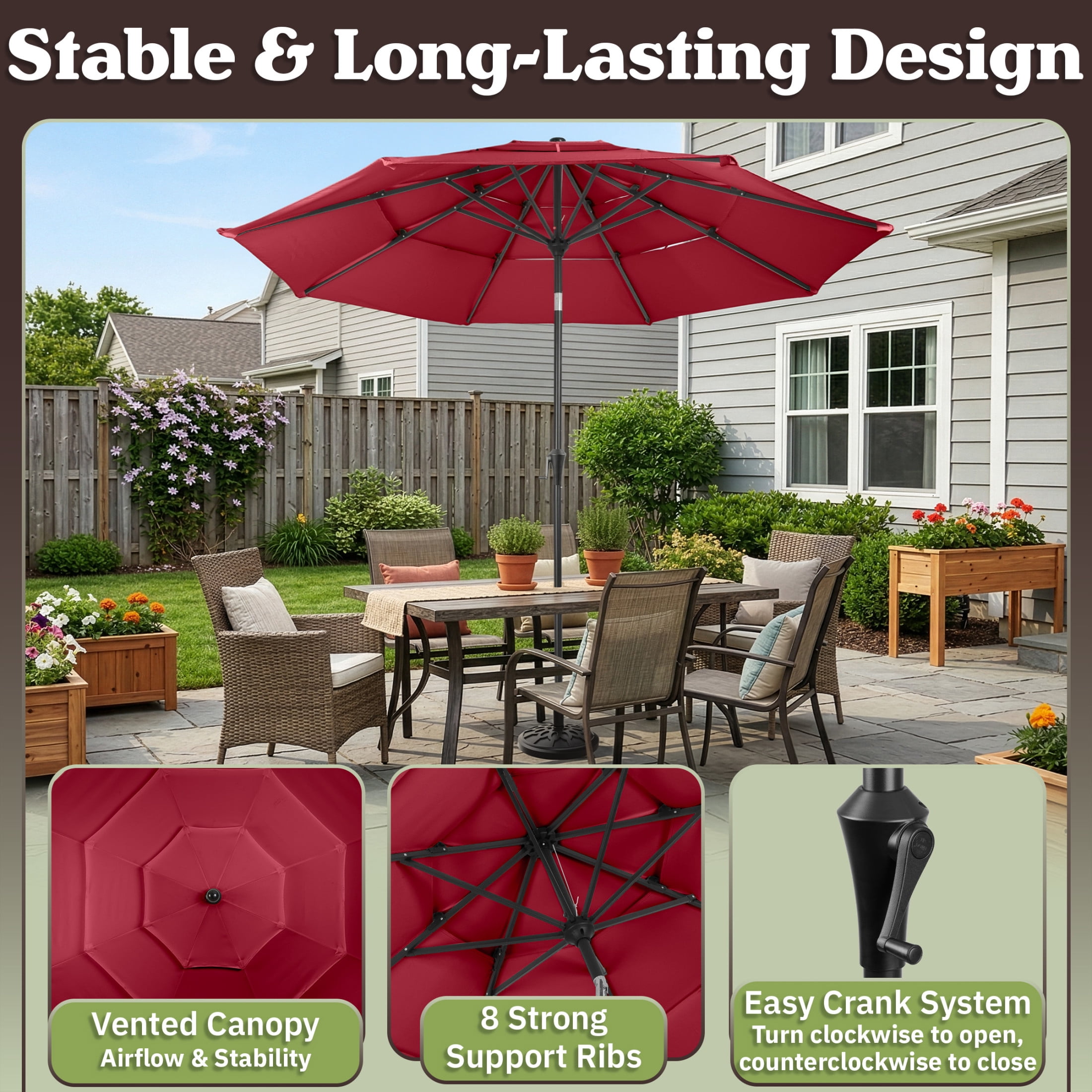 Pure Garden 10ft 3-Tier Umbrella for Patio Shade Canopy with 19lb Base, Maroon Red