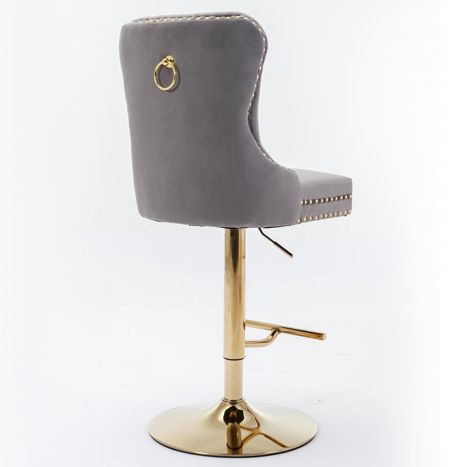 Yoneston Bar Stools Set of 2, Adjustable Height Bar Stools with Tufted Velvet Upholstery, Nailhead Trim & Gold Metal Base, Modern Counter Stools for Pub, Kitchen Island, Gray