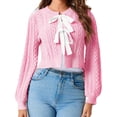thumbnail image 4 of Women Bow Tie Front Long Sleeevd Ribbed Cable Sweater Knit Crop Cardigan, 4 of 6
