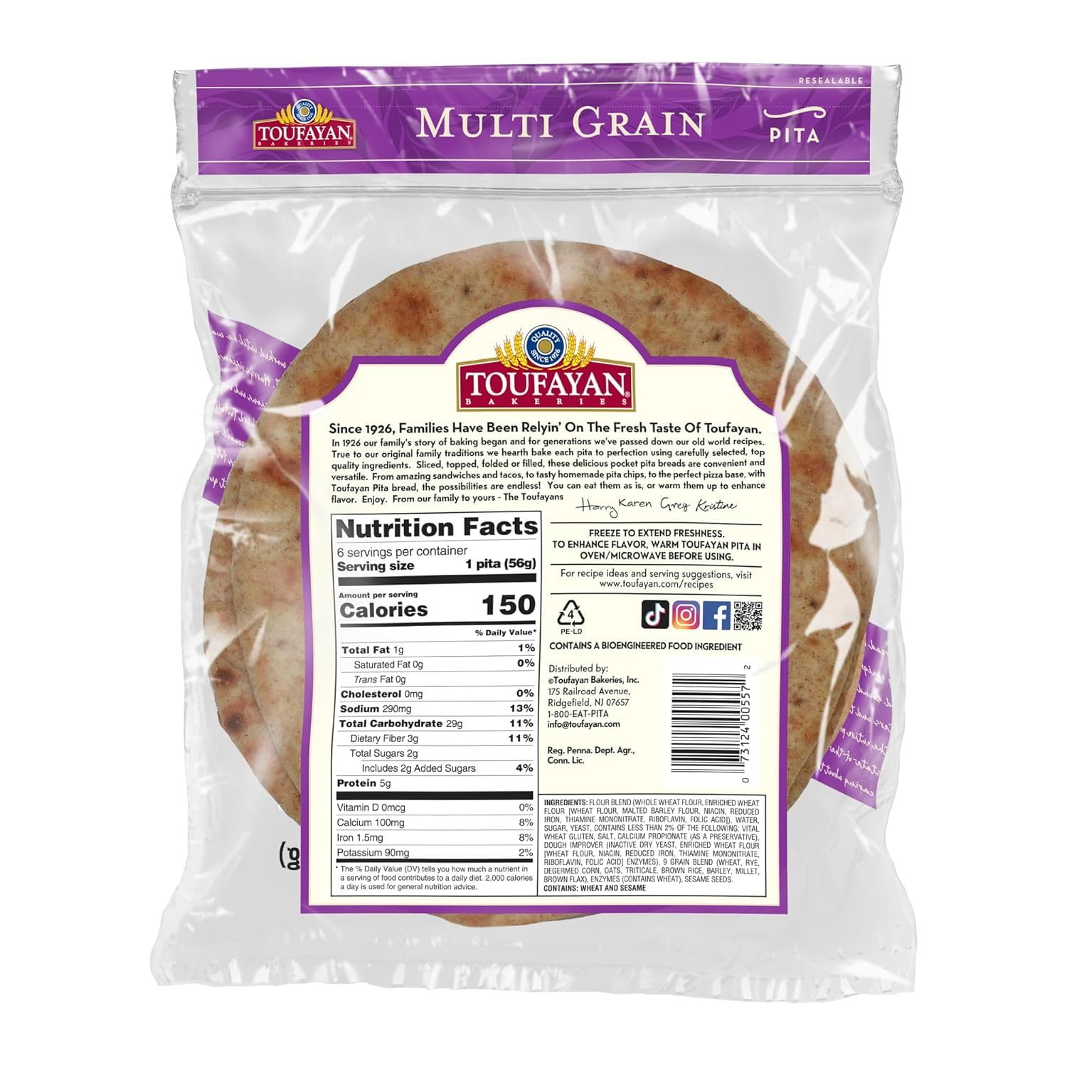 Toufayan Multi Grain Pita Bread (3 Pack, 18 Pitas Total)
