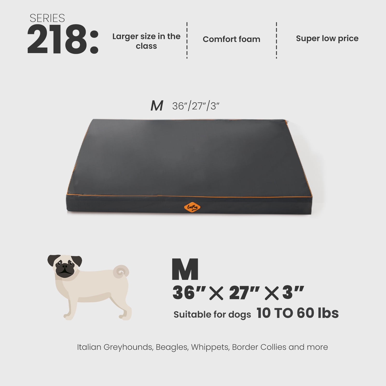 Laifug Washable Dog Bed Waterproof Fabric Egg Crate Foam Supportive Pet Bed 36" x 27"x3" Non-Slip Bottom