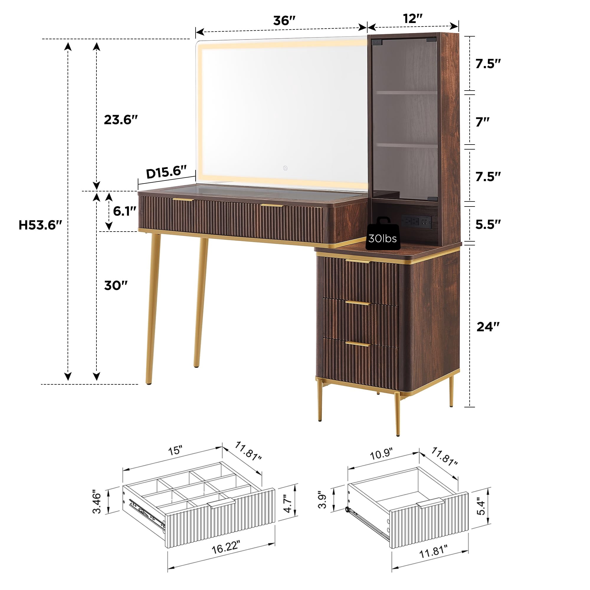 OKD Makeup Vanity Table with Lights and Mirror, Vanity Desk with 5 Drawers and Charging Station for Bedroom,Dark Walnut