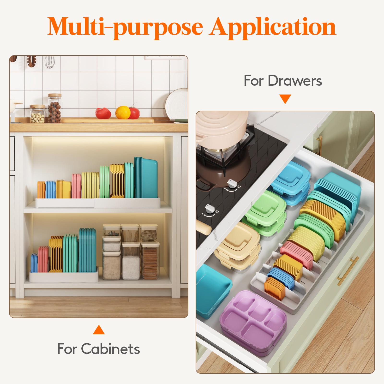 Lifewit Plastic Lid Organizer, Adjustable Food Storage Container Lid Divider w/ 8 Inserts & 21 Compartments, Plastic Lid Holder for Cabinet, Pantry, Extra Large 13-24"