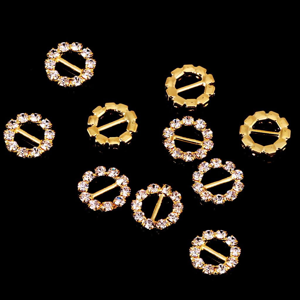 10pcs Diamante Rhinestone Round Buckle Invitation Ribbon Slider Gold 5mm 