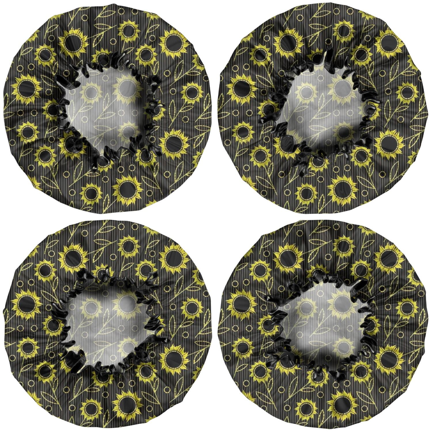 Shower Caps,Black Sunflower Leaf Pattern Waterproof Shower Cap for Women 4 Pieces,Double Reusable Hair Cover for Shower PEVA Elastic Stretch Hem
