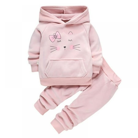 

Girls Fleece Hoodie Pants Outfits Set Warm Cartoon Kitten Print Hooded Sweatshirt+Trousers Set