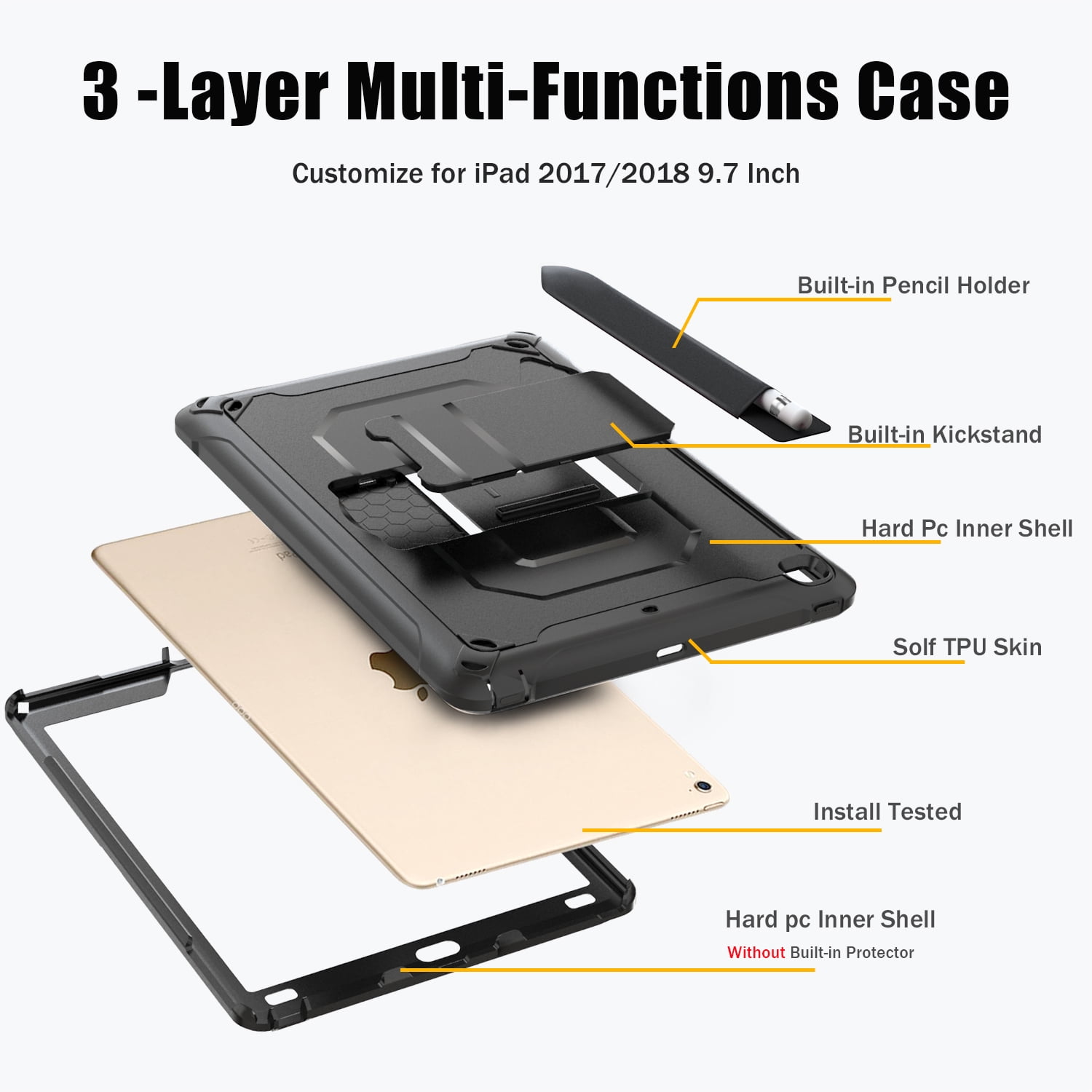 Allytech iPad Mini 1 2 3 Case for Kids, Heavy Duty Protection Pencil Holder Shockproof Anti-Scratch Bumper Multi Angle Viewing Stand Defender Back Cover Ccase for Apple iPad Mini 3 2 1,Black