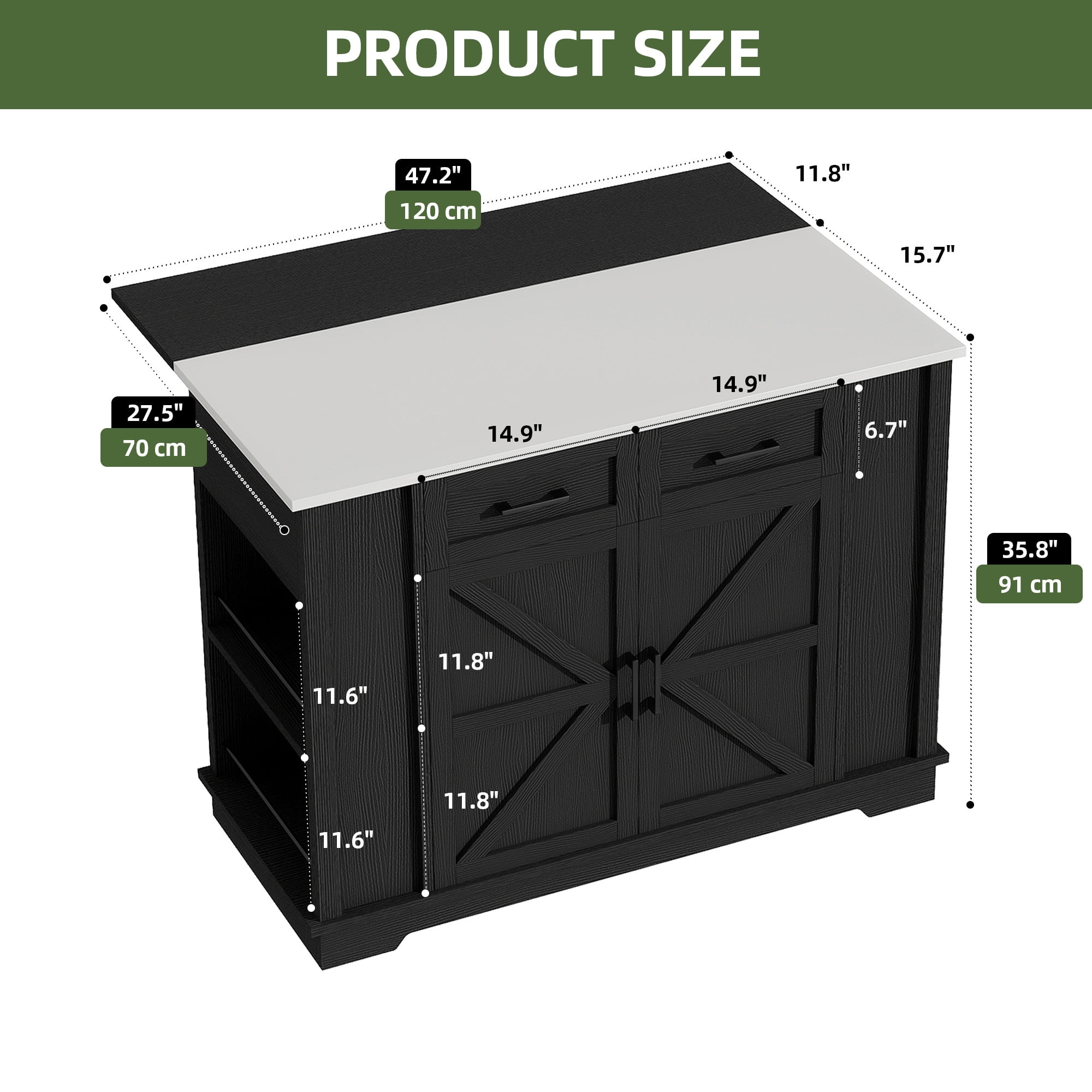 Uforic Kitchen Island with Drop Leaf & Storage, Kitchen Island Cart with Power Outlets, Black