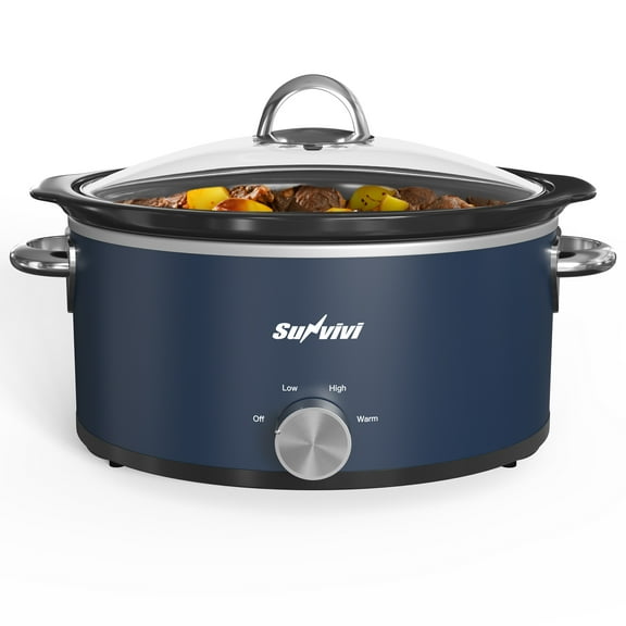 3QT Compact Slow Cooker & Food Warmer with 3 Temperature Settings, Removable Ceramic Pot, Dishwasher-Safe Glass Lid, Stainless Steel - Available in Black, Silver, and Blue