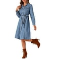 thumbnail image 4 of Vestido de mezclilla INSPIRE CHIC para mujer, de manga larga, con botones, estilo A-line, con cinturón, vestido clásico de jeans, talla S, azul claro, 4 of 6