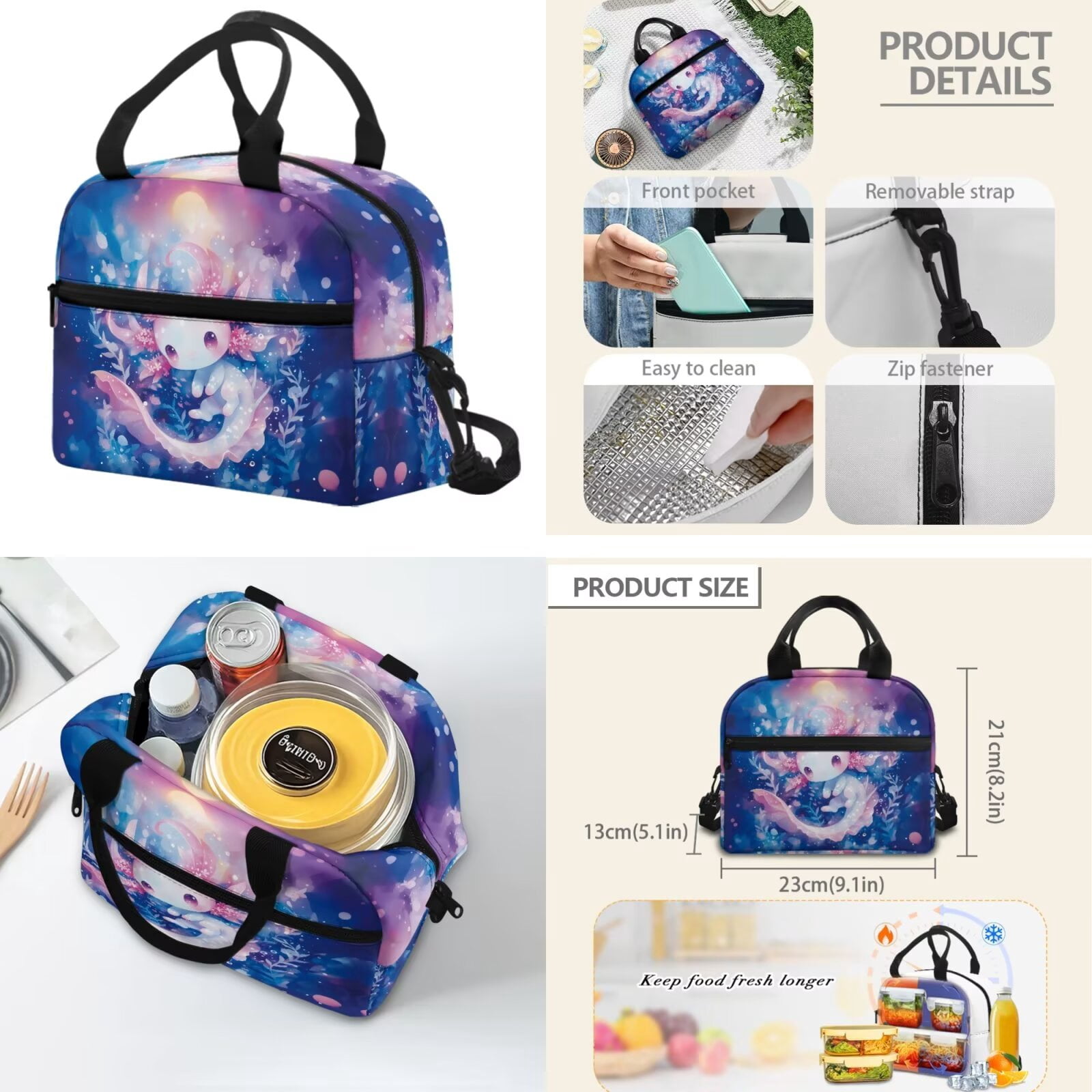 XYZCANDO Axolotl 4 Piece School Backpack Set with Lunch Bag Pen Bag Water Bottle Carrier with Compartments Cute Florals Bookbags Gift for Girls Boys