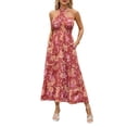 thumbnail image 4 of VISgogo Vestido de mujer con cuello halter, estampado de flores, sin mangas, sin espalda, dobladillo con volantes, vestido largo VISgogo moda, 4 of 7