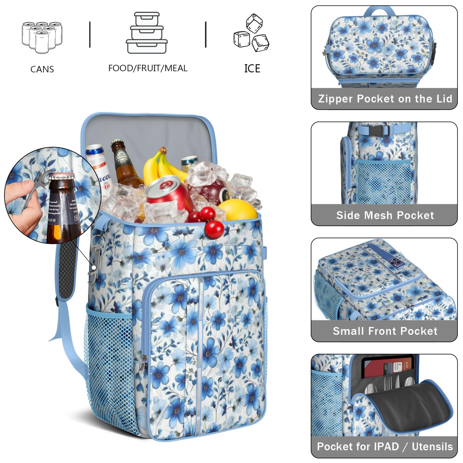Travel Cooler Bag - Pioneer Flower Floral Print Pattern Camping Beer Cooler Backpack with Bottle Opener- Waterproof Insulated Picnic Backpacks - Cooler Bag for Beach