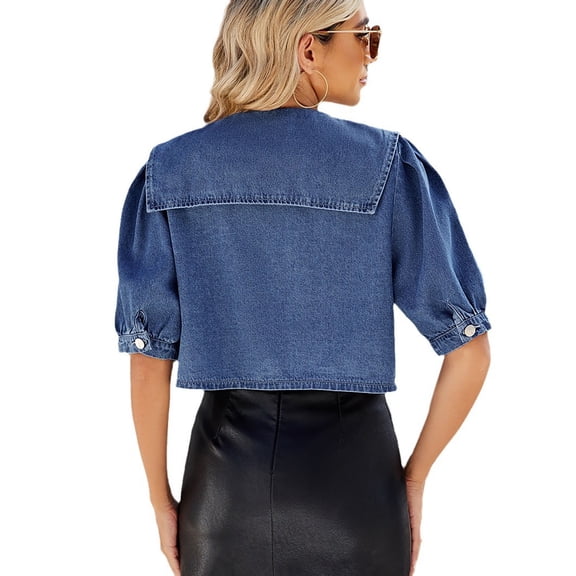 QTSHPN lightweight jacket women Fall Style Solid Color Round Neck Balloon Half Sleeves Versatile Denim Blouse Top womens denim jacket Blue S