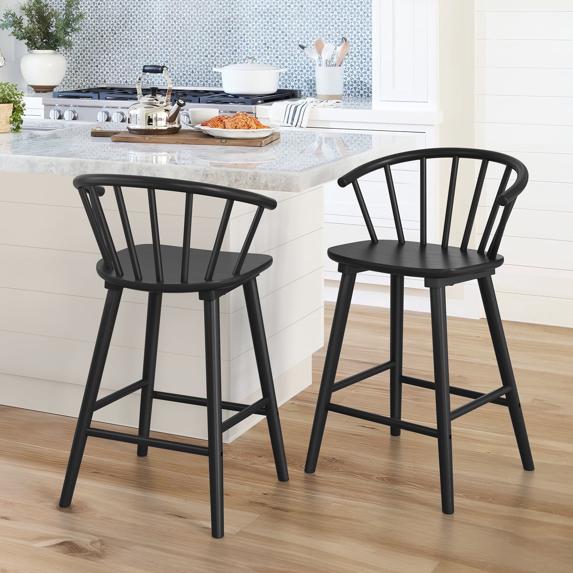 Dycanpo 24'' Wooden Bar Stools Set of 2,Counter Height Bar Stools with Backrest for Kitchen Island,Black