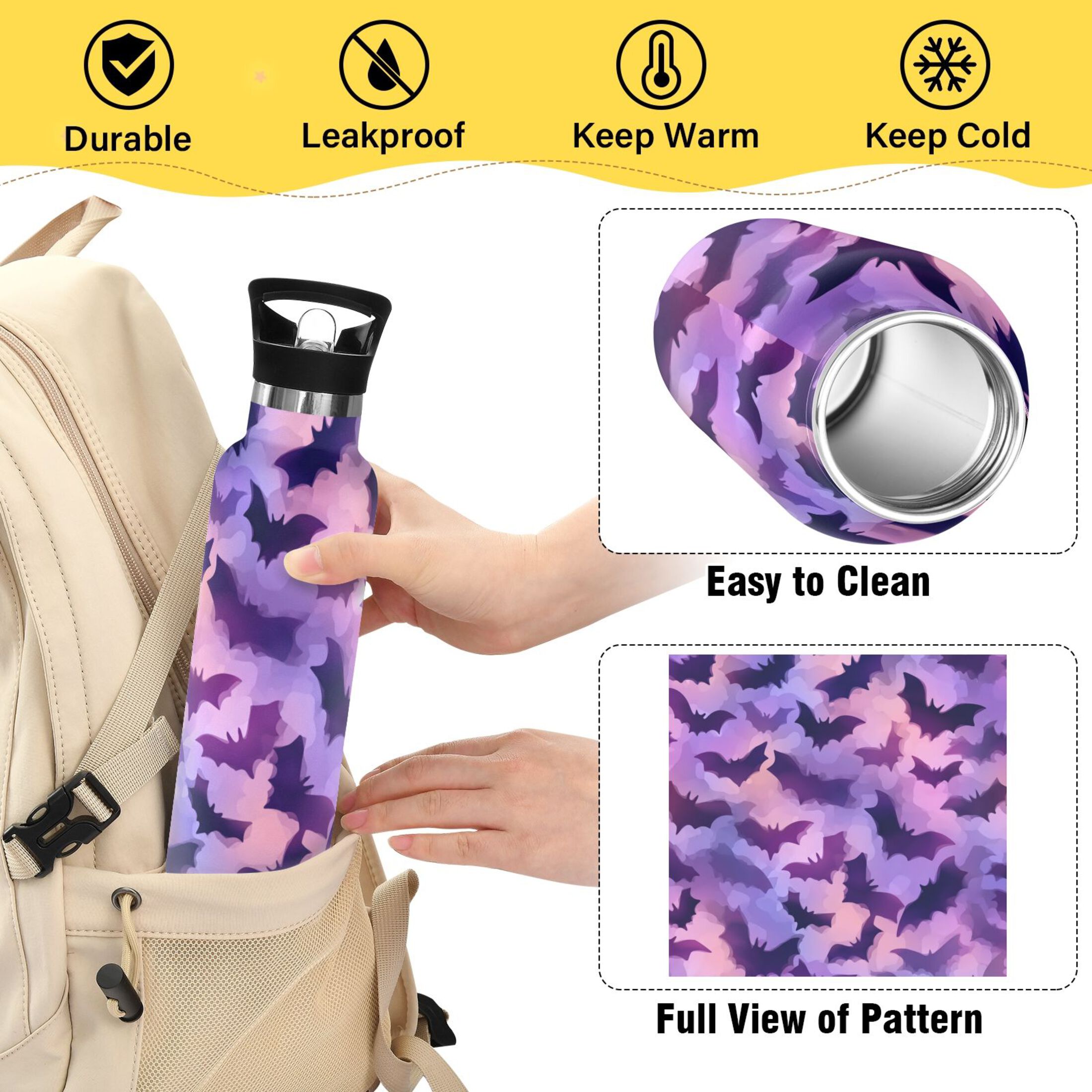 Kids Insulated Stainless Steel Sports Water Bottle 600ml (20oz) Purple Bats Pattern