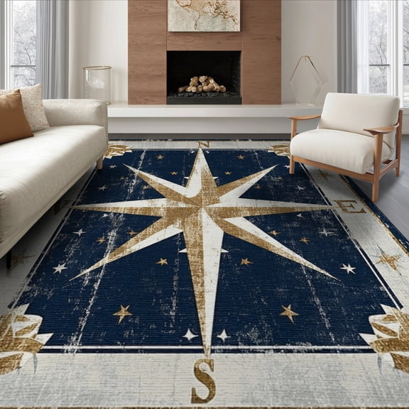 ODIKA 8'x10' Washable Area Rug Non-Slip Chair-Friendly Mat Nautical Compass Vintage Maritime Star With Distressed Rope Border for Dining Room, Large Office, Lounge