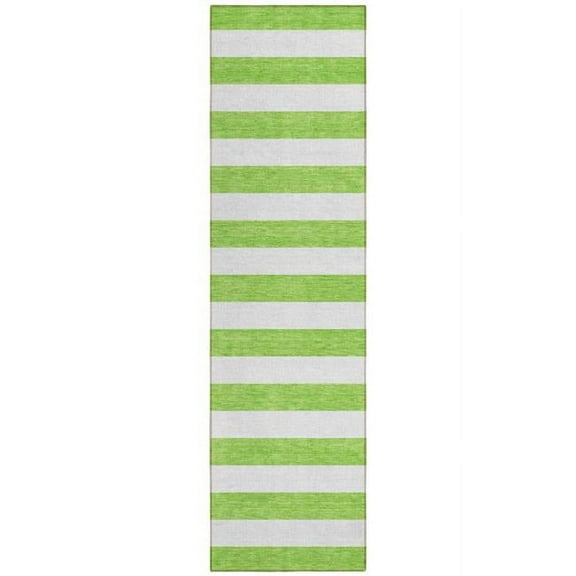 HomeRoots 560862 8 ft. Runner Green & White Striped Washable Non Skid Indoor Outdoor Runner Machine Woven Rug