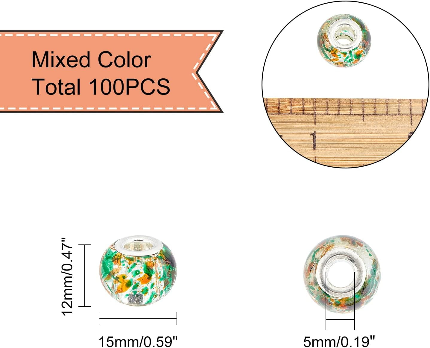 1box Spray Painted Glass European Beads with Silver Brass Cores Large Hole Beads Rondelle Mixed color 15x12mm Hole: 5mm about 100pcs/box