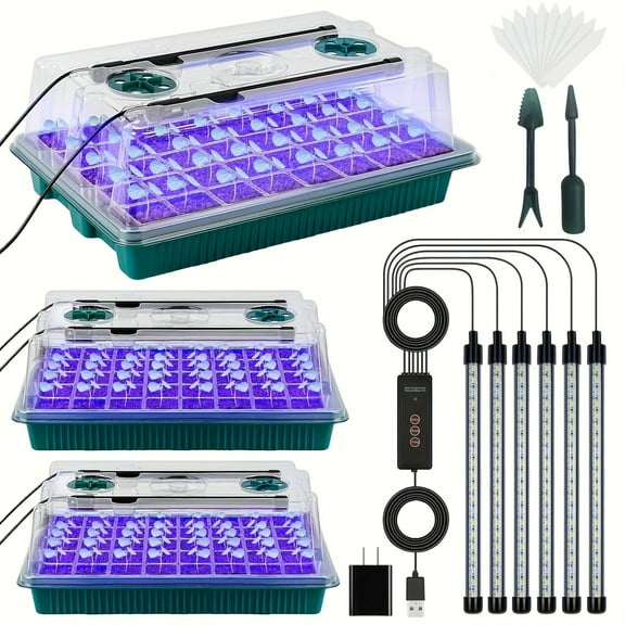 Seed Starter Tray with Grow Light,3 Pack 120 Cells Seedling Tray Kit with Humidity Dome/Indoor Plant Starter Kit, Adjustable Brightness Plant Germination Trays