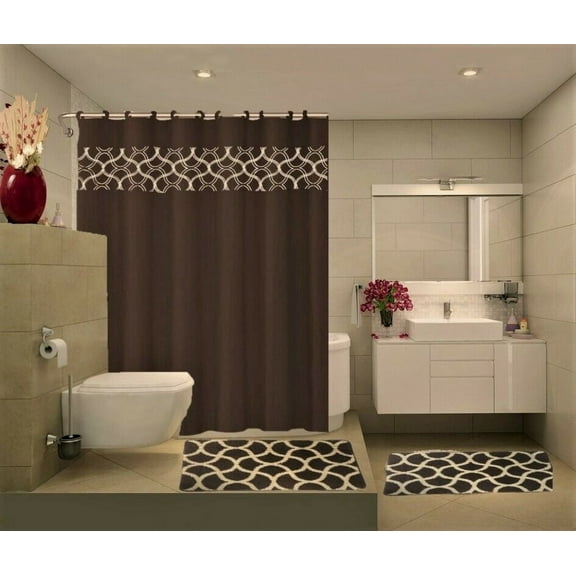 SAMIMPORT 2011 15 Piece Bathroom Linen and Accessory Set with 2 Rugs, 12 Hooks, Geometric Brown