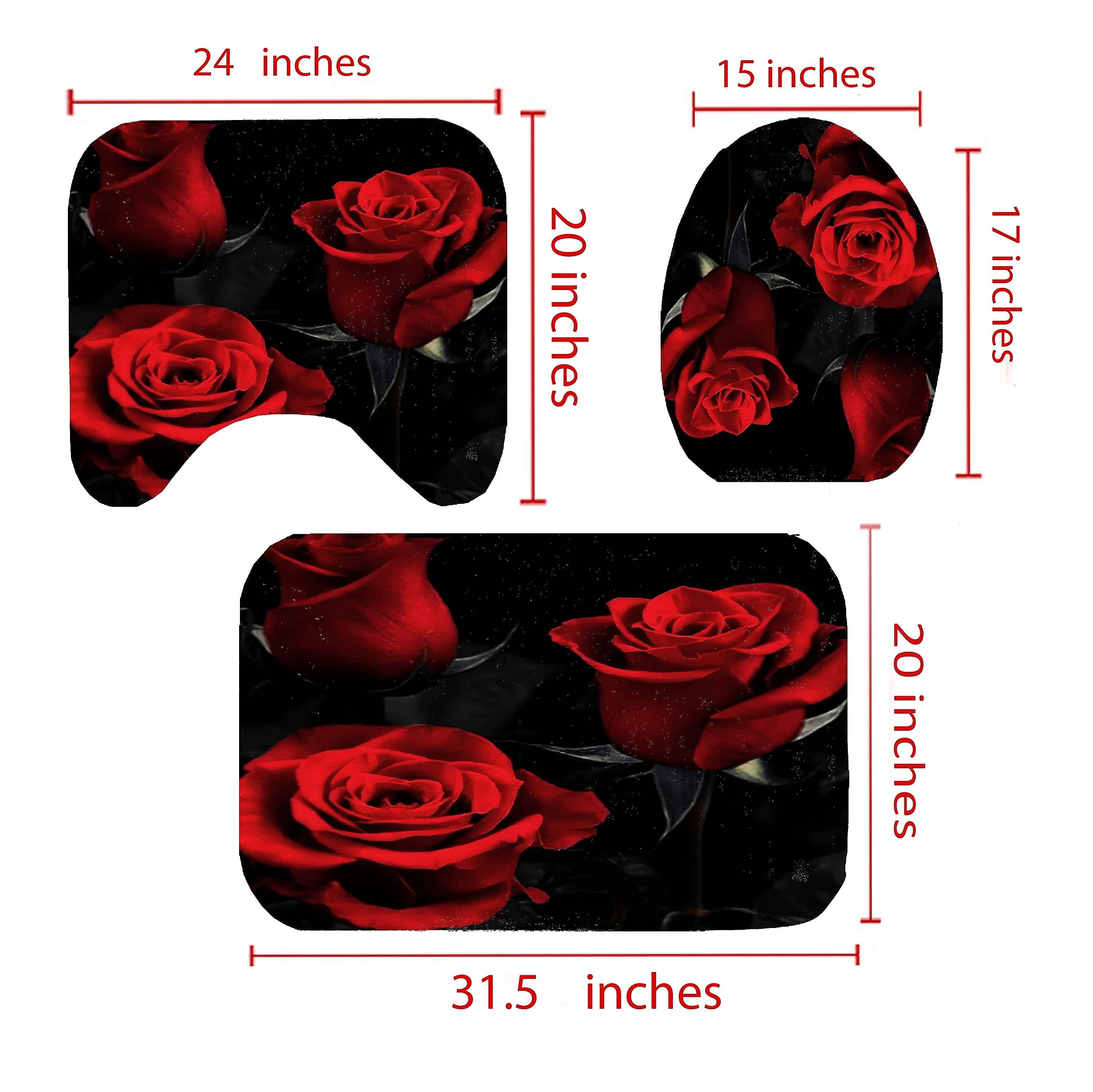 4Pcs Red Rose Shower Curtain Sets Three Red Rose Bathroom Curtain with Non-Slip Rug, Toilet Lid Cover, Bath Mat and 12 Hooks, Romantic Showy Floral Wedding Decor for Bath