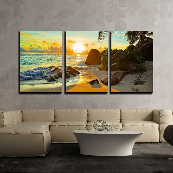 wall26 - 3 Piece Canvas Wall Art - Tropical Beach at Sunset - Nature Background - Modern Home Art Stretched and Framed Ready to Hang - 16"x24"x3 Panels
