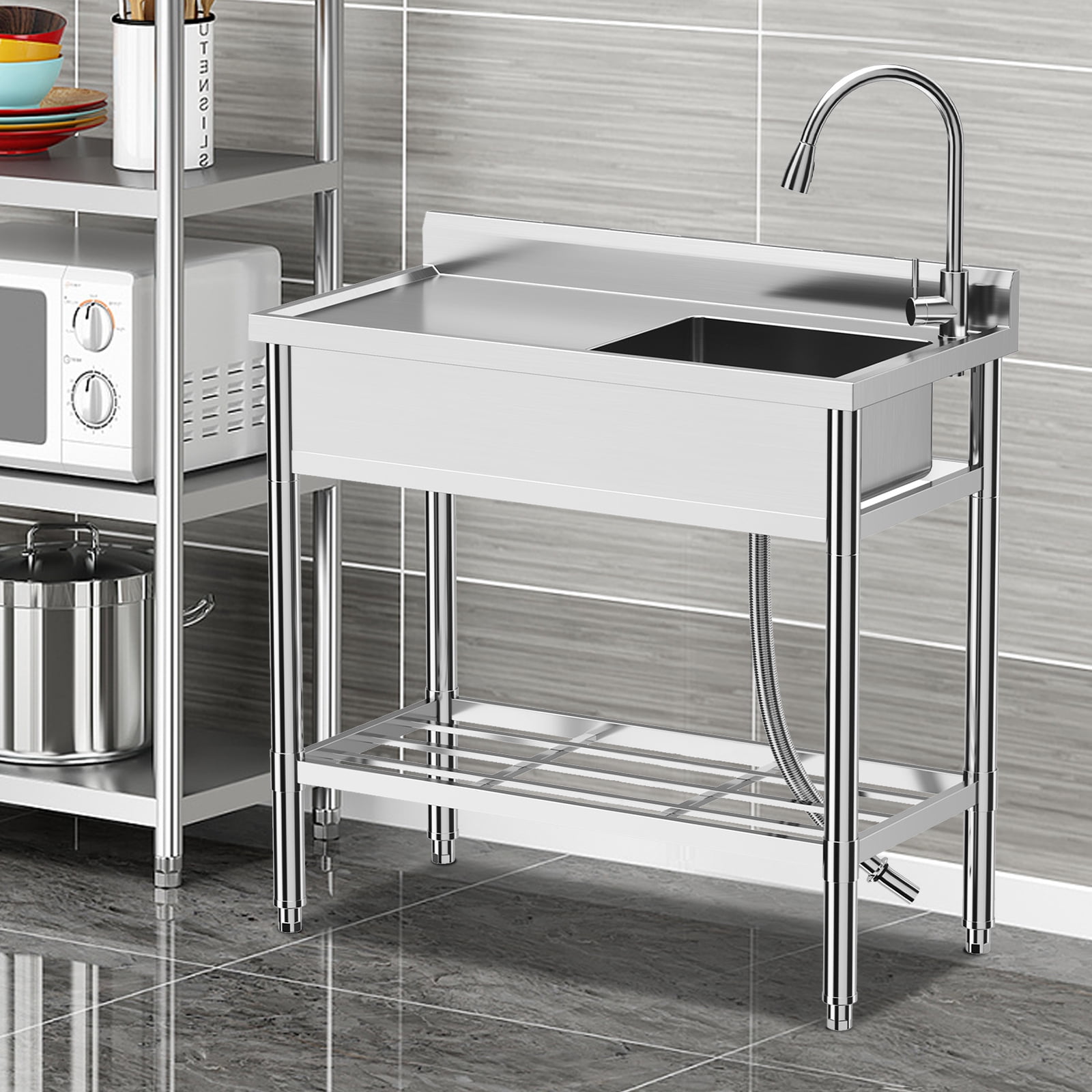 TEQIN Stainless Steel Utility Sink, Free Standing Single Bowl Commercial Kitchen Sink with Faucet, Utility Basin Workbench with Water Pipe for Garage Restaurant Laundry Bathroom