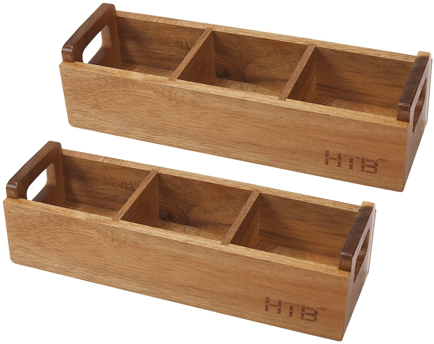 Small Wooden Tea Bag Box 2PCS by HTB, 3 Compartments Acacia Wood Tea