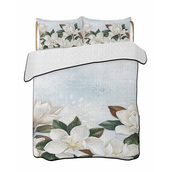 Quilts Twin-XL Size Bedding Set, Spring Magnolia Flower Lightweight Quilted Comforter, White Floral Botanical Light Blue Reversible Bedspread Coverlet with Pillow Covers for All Season, 68" x 98"