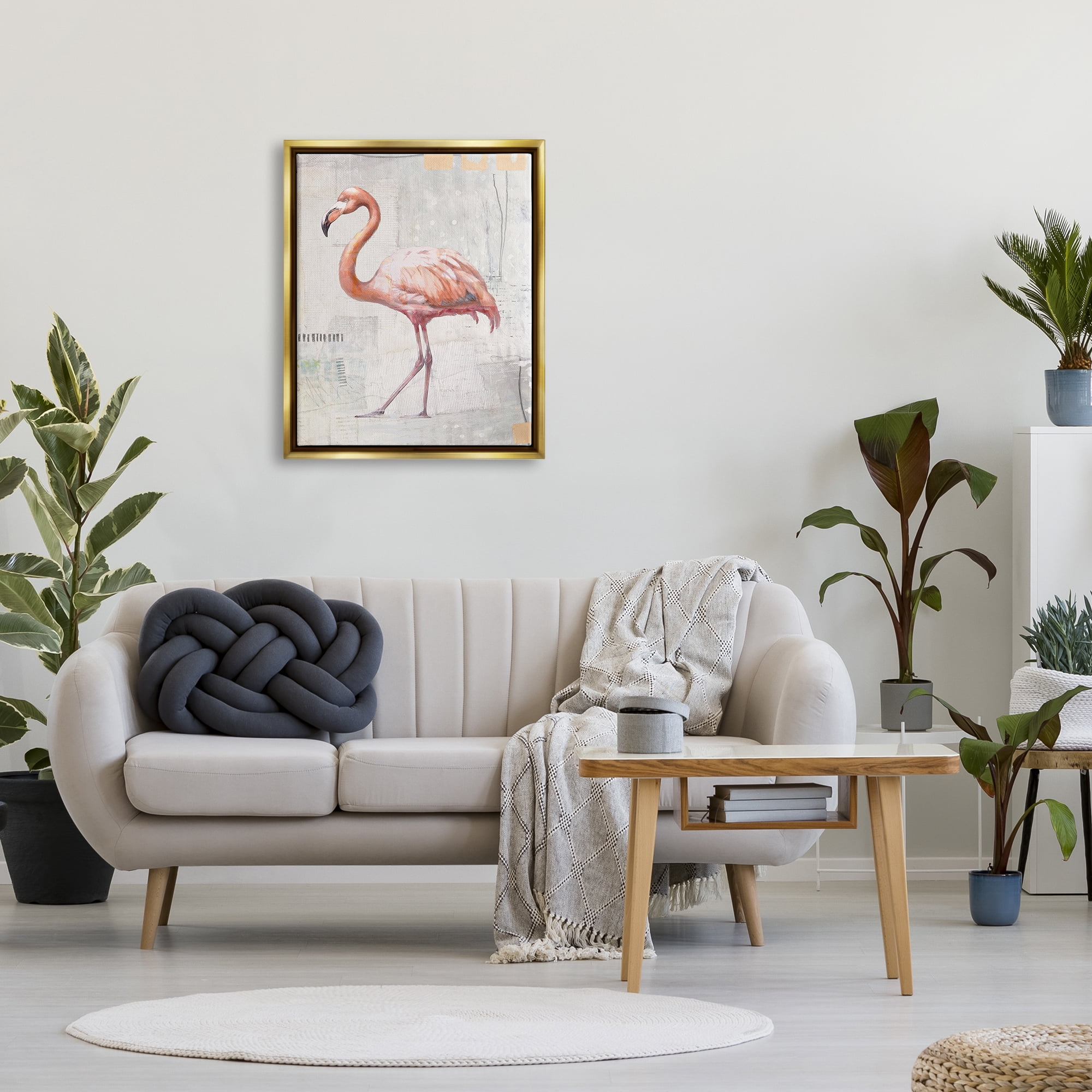 Stupell Industries Modern Flamingo Collage Animals & Insects Painting Gold Floater Framed Canvas Art Print Wall Art, 25 x 31