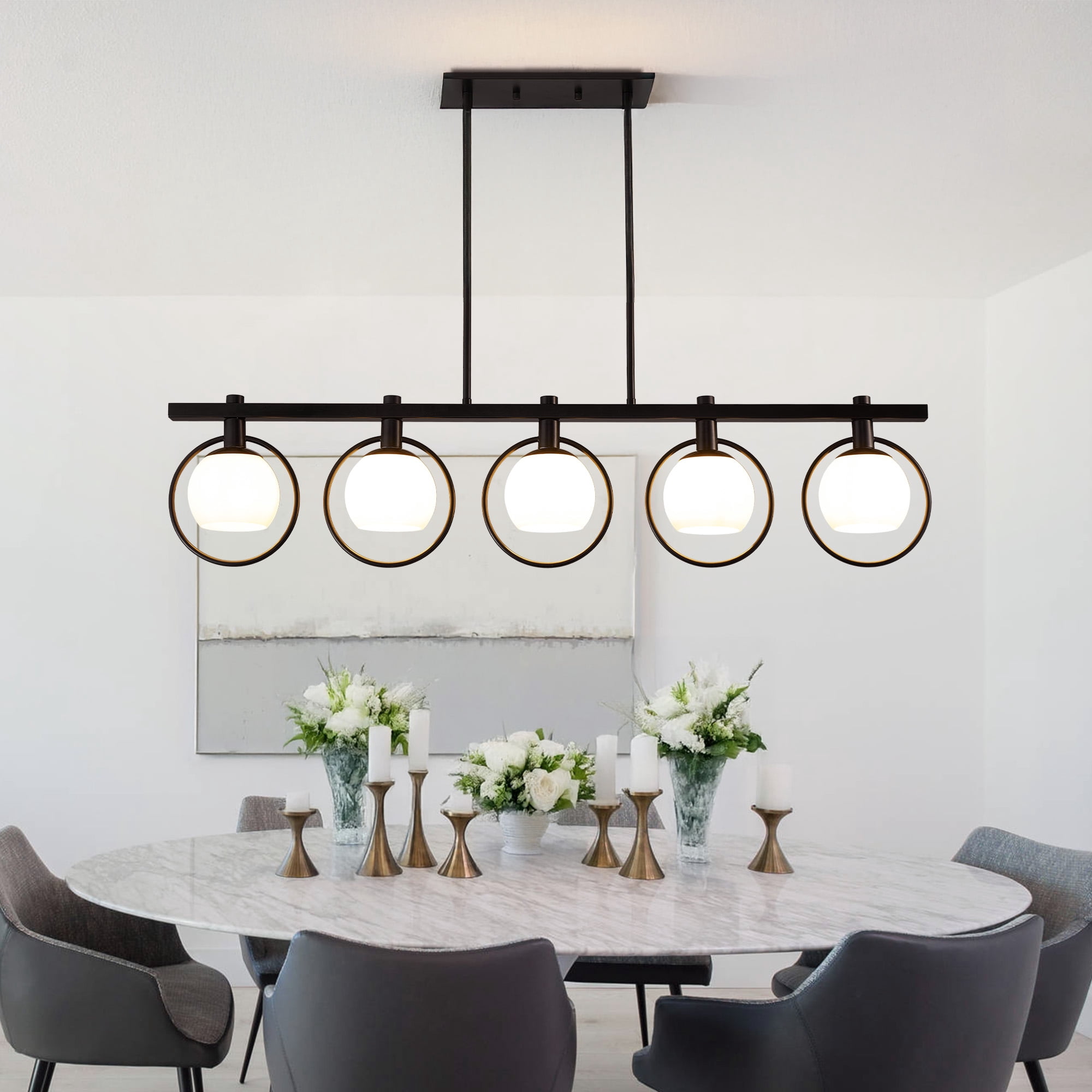 LovingAHome 5-Light Kitchen Island Pendant Light Metal Swivel Bars with Glass Shade Dining Room Light Fixture,Black