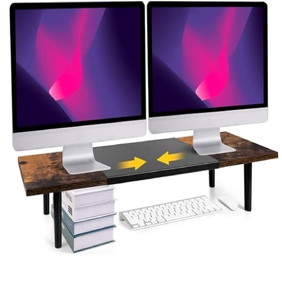 Dual-Monitor-Stand-Riser-For-Desk Adjustable Length 32-40 Inch, Large Desktop Computer Monitor Riser For 2 Screens, Desk Shelf Organizer Riser Stand For Computer/Laptop/PC/Printer/TV Brown